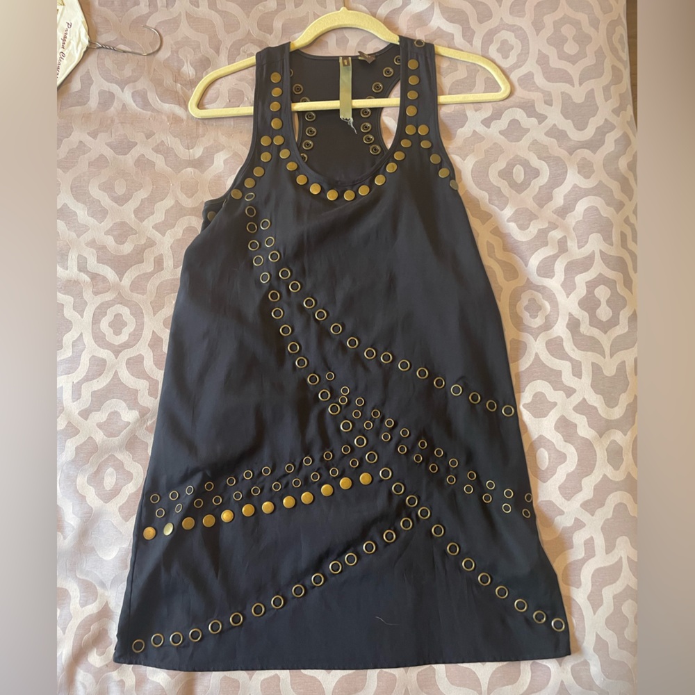 Wilster Mini Dress, Navy Blue with Brass Rivets, size Small